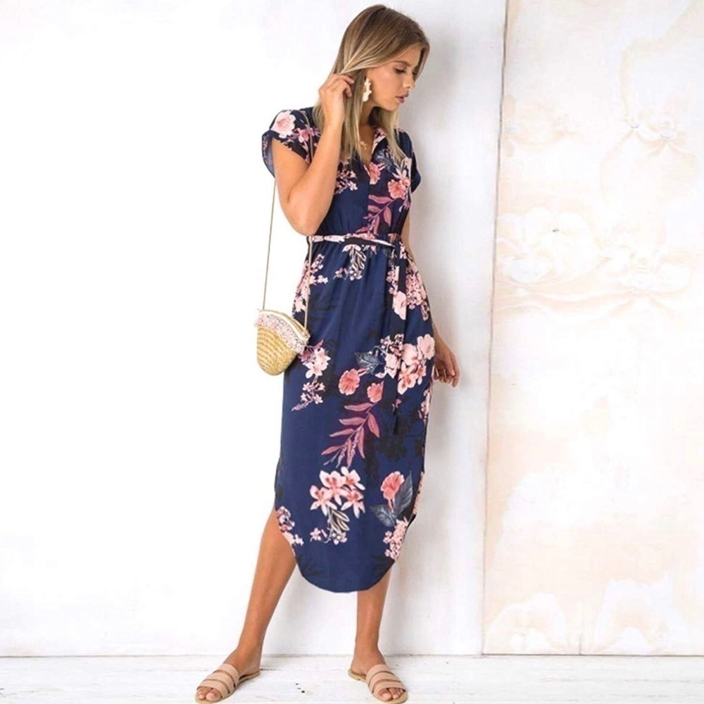 Navy floral casual midi dress